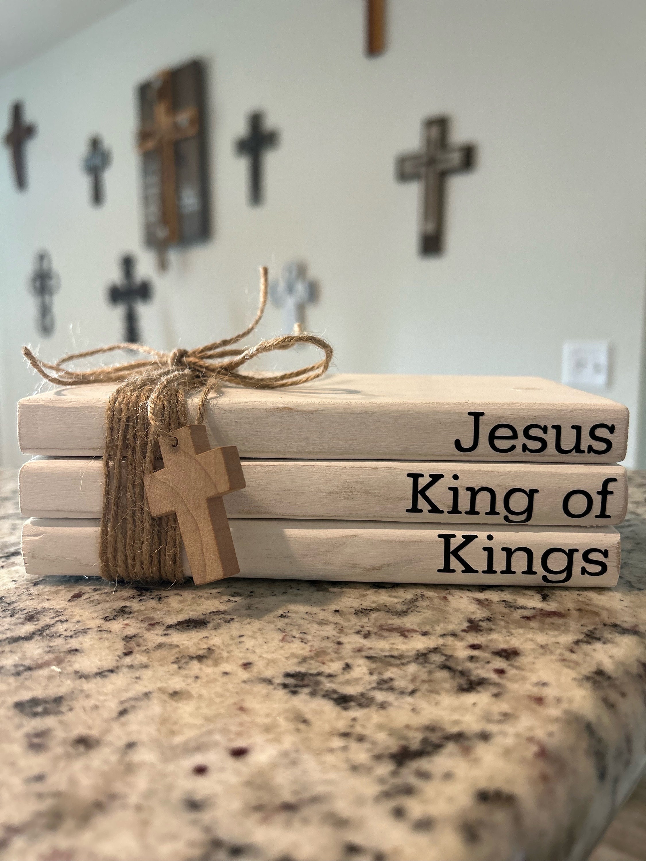 Farmhouse Wood Book Stack, Jesus King of Kings, Wood Decor, Faux Books, Decorative Book Stack, Easter Decor, Tiered Tray Decor