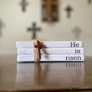 Farmhouse Wood Book Stack, He Is Risen, Wood Decor, Faux Books, Decorative Book Stack, Easter Decor, Tiered Tray Decor