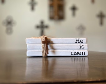 Farmhouse Wood Book Stack, He Is Risen, Wood Decor, Faux Books, Decorative Book Stack, Easter Decor, Tiered Tray Decor