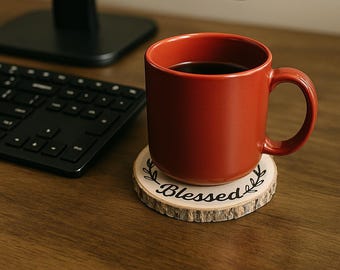 Faith Hope Grace Blessed Coasters | Christian Wood Slice Coaster Set of 4 | Rustic Farmhouse Drink Coasters | Scripture Gift Decor