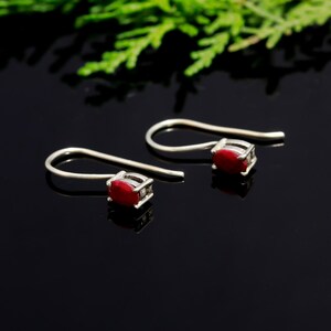 May include: A pair of silver earrings with a hook design. Each earring has a small, rectangular, bright red gemstone set in a square frame. The earrings are displayed on a black surface with a green leafy background.