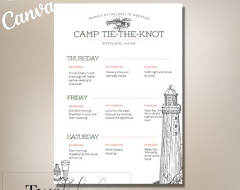 Camp Bachelorette Party Itinerary, Coastal Brewery hopping weekend, canva template, Camp Tie-The-Knot, girls weekend