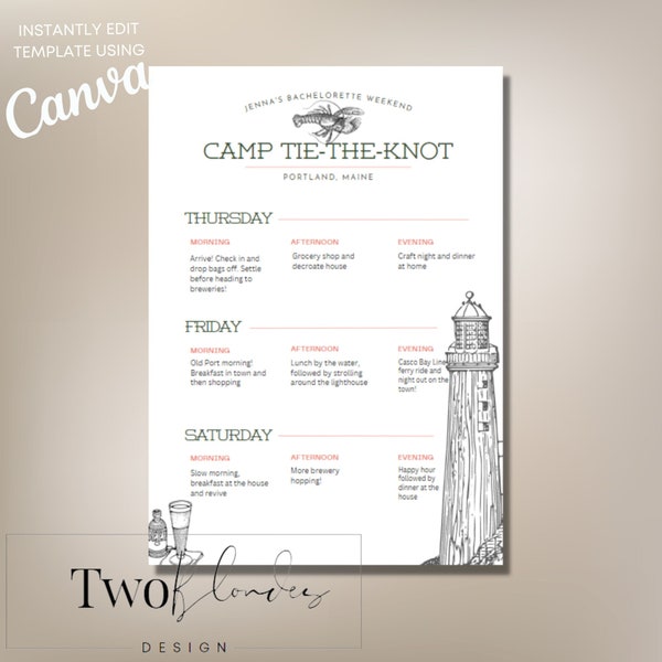 Camp Bachelorette Party Itinerary, Coastal Brewery hopping weekend, canva template, Camp Tie-The-Knot, girls weekend