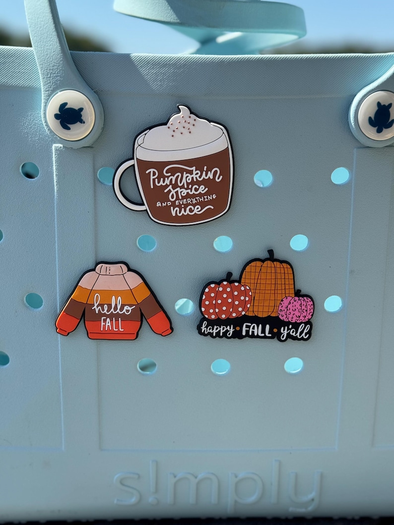 K&ouml;nnte beinhalten: Eine hellblaue Tragetasche aus Gummi mit drei dekorativen Ansteckern. Einer zeigt eine braune Tasse mit wei&szlig;em Schaum und dem Text Pumpkin Spice and everything nice. Ein weiterer ist ein gestreifter Pullover mit dem Text hello FALL. Der dritte zeigt drei K&uuml;rbisse mit dem Text happy FALL y'all.