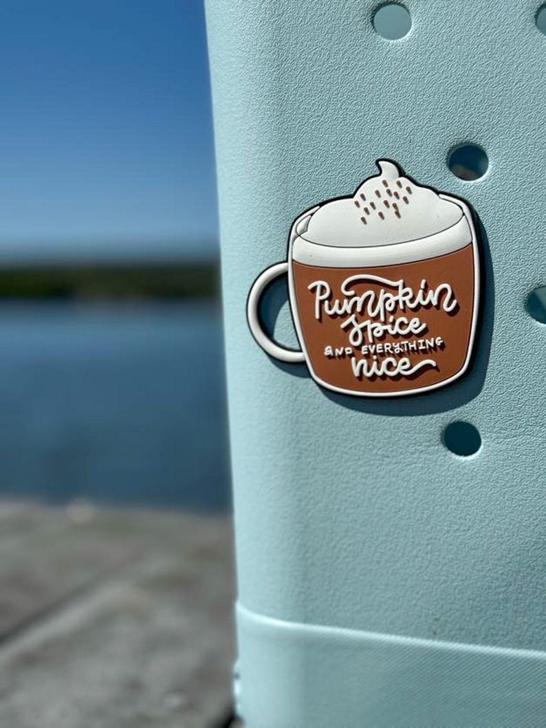 K&ouml;nnte beinhalten: Ein Schuh-Anstecker in Form einer braunen Tasse, gef&uuml;llt mit einem Getr&auml;nk, das mit wei&szlig;er Schlagsahne und braunen Streuseln bedeckt ist. Die Tasse tr&auml;gt den wei&szlig;en Schriftzug Pumpkin Spice AND EVERYTHING nice. Der Anstecker steckt in einem hellblauen Schuh.
