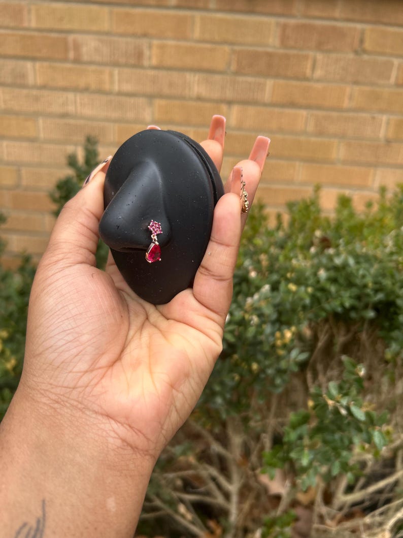 May include: A black nose-shaped display stand showcasing a pink nose ring with a cluster of small stones and a teardrop gem. A small gold earring is also visible. The background features a brick wall and greenery.
