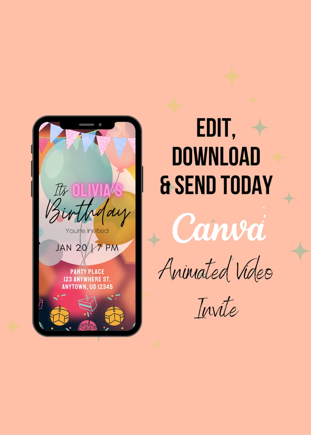 Digital Animated Birthday Party Invite, Customizable for Date, Time ...