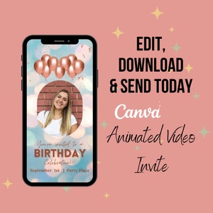 Pink Balloons Customizable Digital Birthday Invitation.