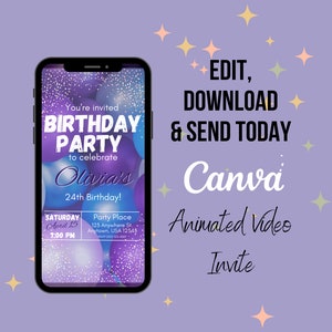 Purple Balloons Customizable Digital Birthday Invitation.
