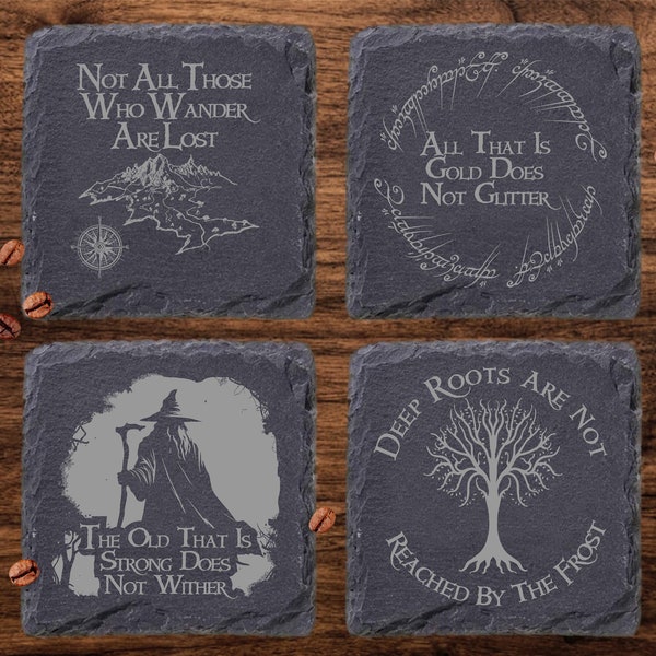 El Señor de los Anillos Slate Coasters Set de 4 / LOTR Quotes Artwork / Calidad Premium / Hecho a mano / Decoración única / Perfecto para los fans de Tolkien