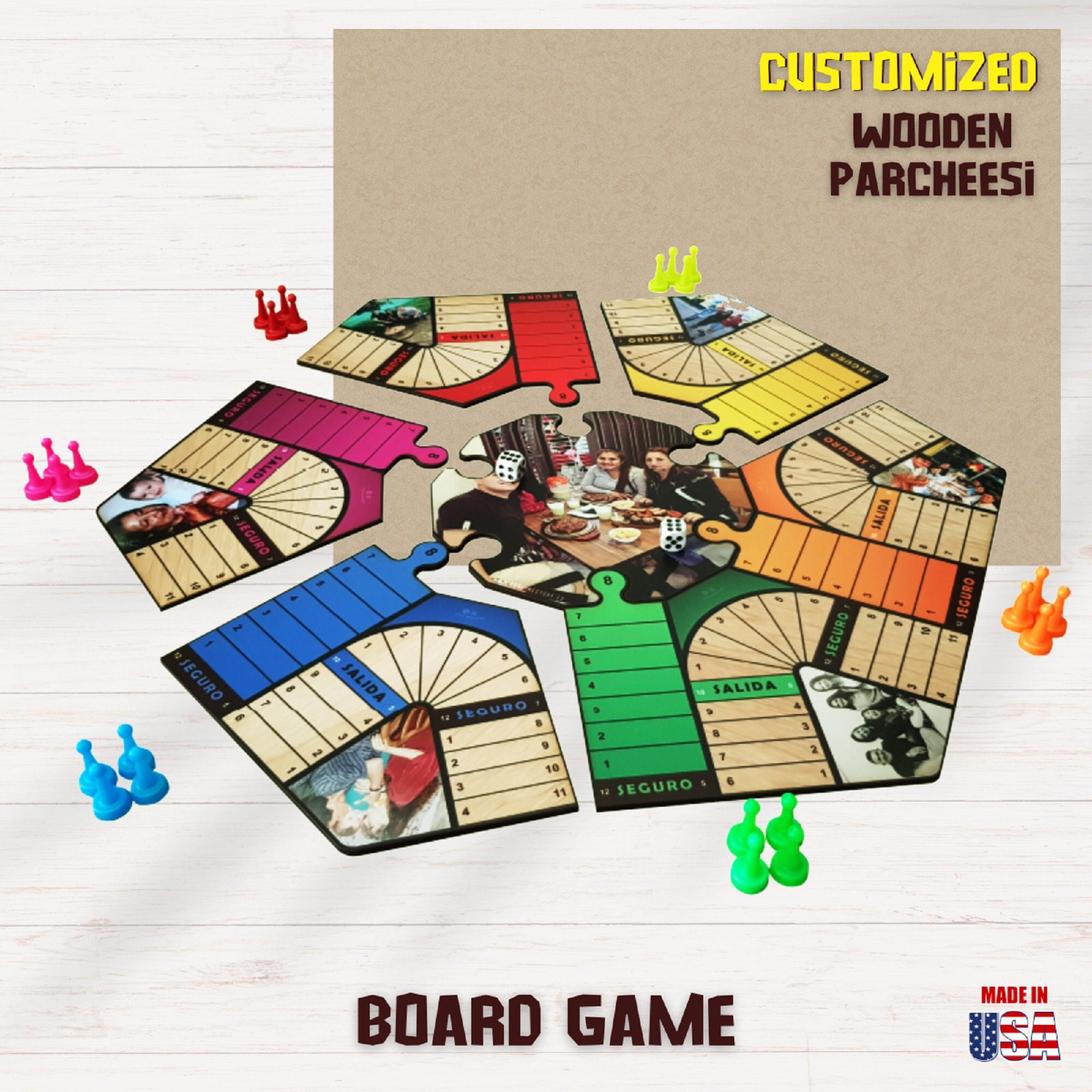 Personalized Wooden Parcheesi Board Game With Pictures - 6 Players