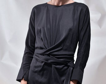 Black Tencel Dress Tied at the waist & overlapped front slit – by VDS ensemble
