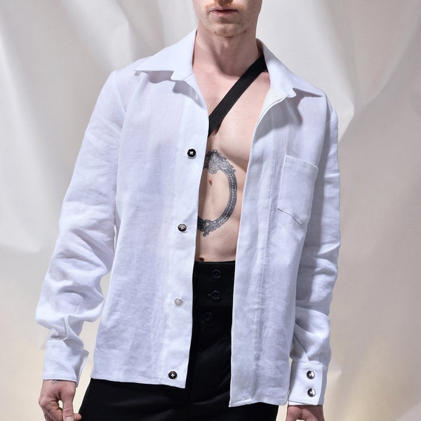 Men's Linen Oversize White Shirt – Breathable Elegance – traditionally crafted design with metal button opening