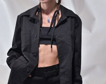 Black Soft Cotton Jacket with Corozo Buttons – 4-patch pocket Versatile Urban Style by VDS ensemble