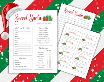May include: A printable Secret Santa questionnaire with sections for favourite things, this or that, preferences, and specifics. The questionnaire is decorated with a red Santa hat and green and red gift boxes.