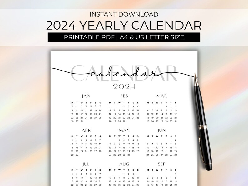 2024 Yearly Calendar Printable, One Page Calendar, Yearly Overview