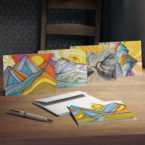 Set di biglietti d'auguri Vibrant Mountain, biglietti d'auguri colorati per tutte le occasioni, cancelleria fatta a mano, confezione di biglietti regalo, saluti ispirati all'Alaska