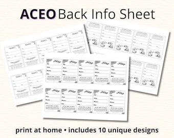 ACEO ATC Info Card Sheets: Printable Backside Designs (Digital Download 2x3 inches)