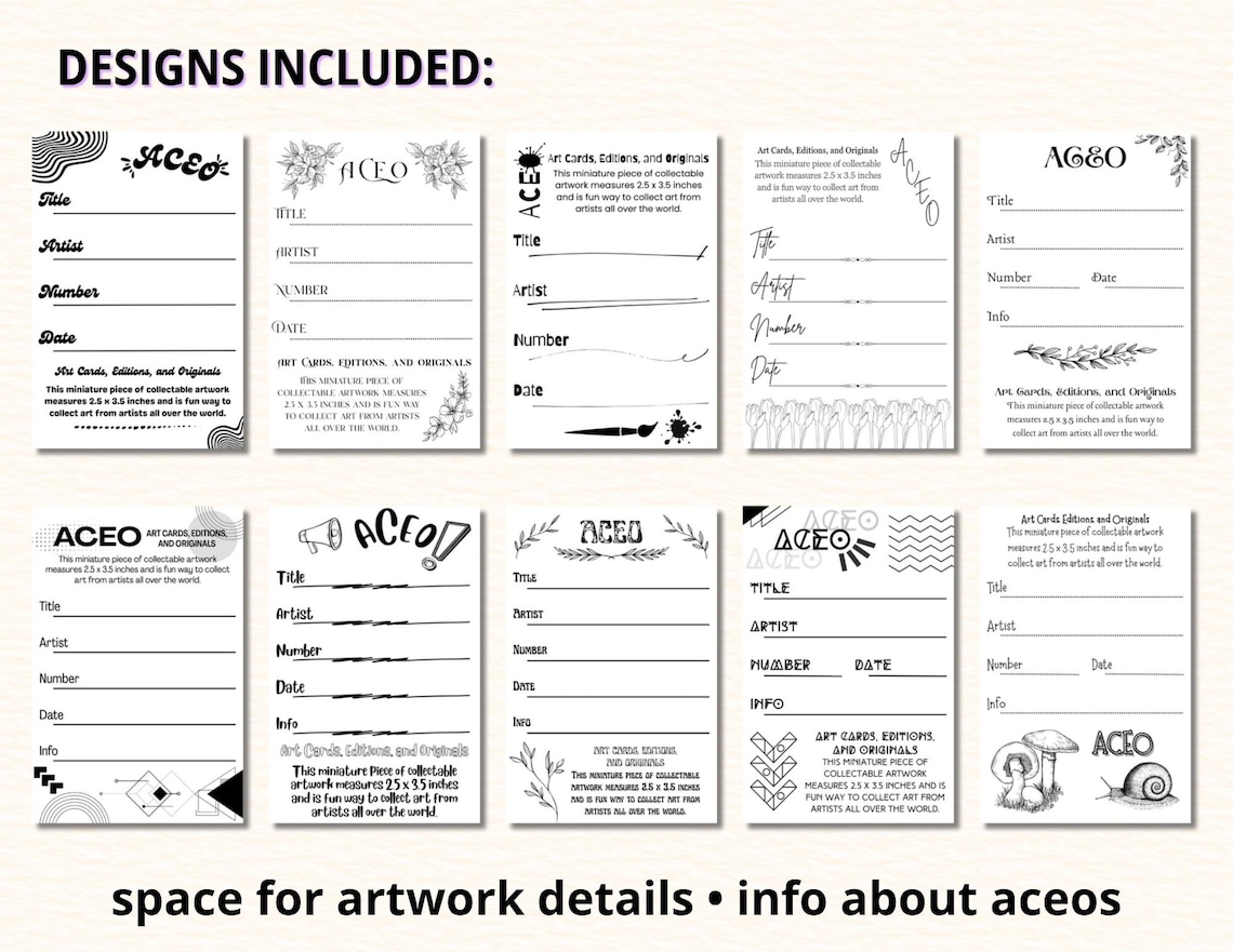 ACEO ATC Backside Info Card Sheets Printable Digital Download 2x3 ...