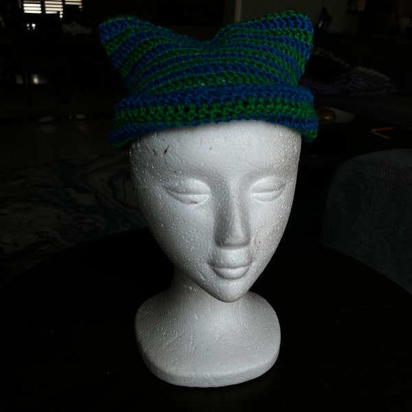 PETIT* Bonnet d’oreille de chat bleu et vert