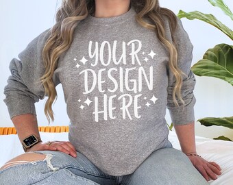 Sports Grey Sweatshirt Mockup | Gildan 18000 Mockup | Gildan Sweatshirt Mock up | Womens Sweatshirt Mockup | Real Model Mockup