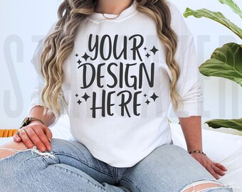 White Sweatshirt Mockup | Gildan 18000 Mockup | Gildan Sweatshirt Mock up| Womens Sweatshirt Mockup | Real Model Mockup