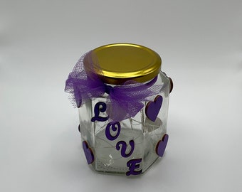 Valentine’s Day hand crafted jar with hand painted wooden hearts and purple firefly lighting.  Great idea for that special someone!!!