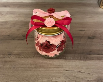 Hand crafted glass jar!!!   Gorgeous Valentine’s Day gift for someone special.  Red & pink silk roses with copper wire firefly lighting.