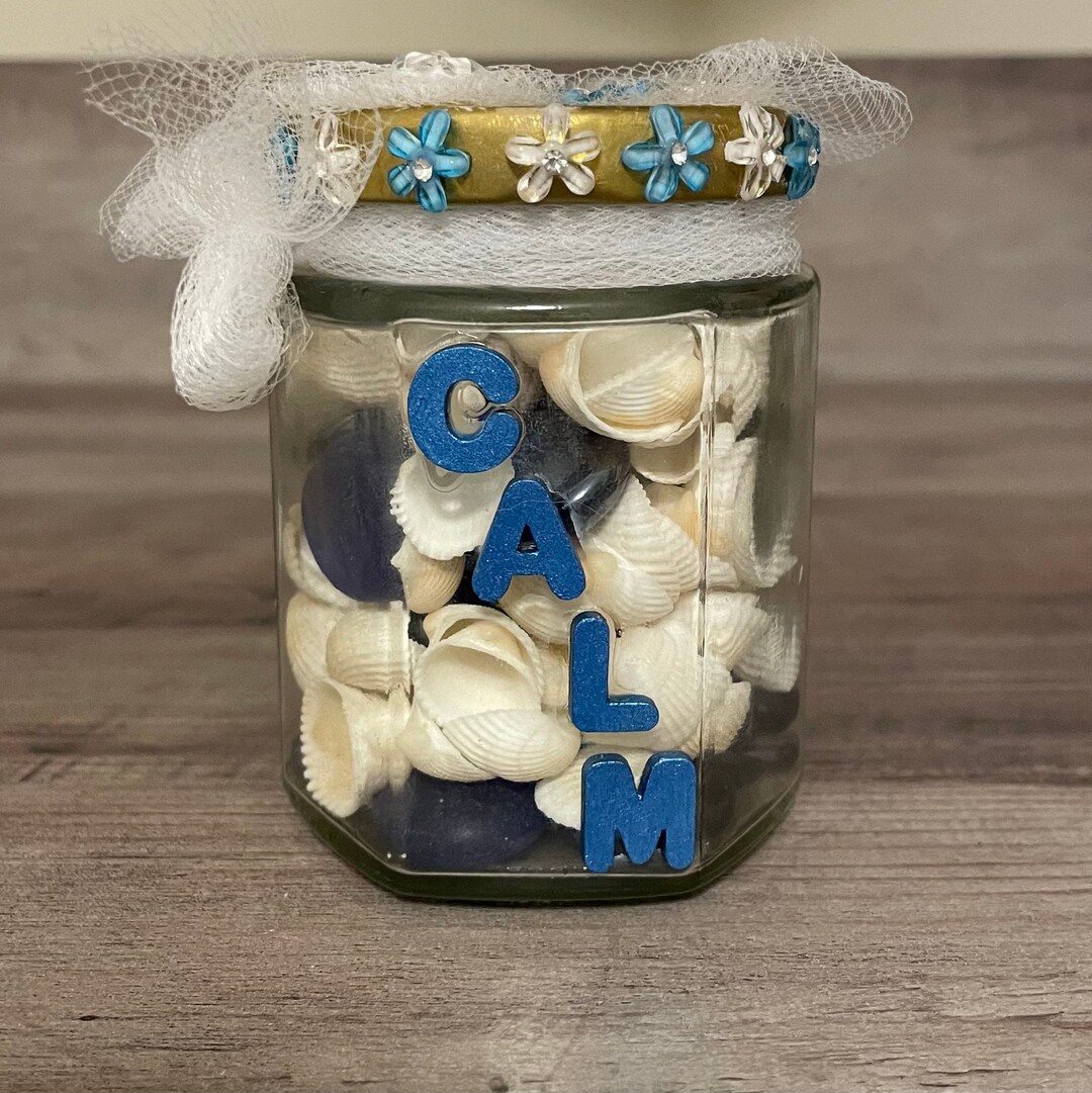 Lettering Jars Hand Crafted Jar. CALM Wooden Lettering. Includes Blue Glass Stones and ...