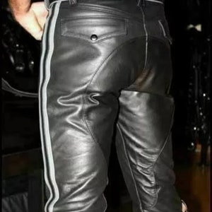 Men's Black Cowhide Genuine Leather Custom Size Jeans Thigh Fit