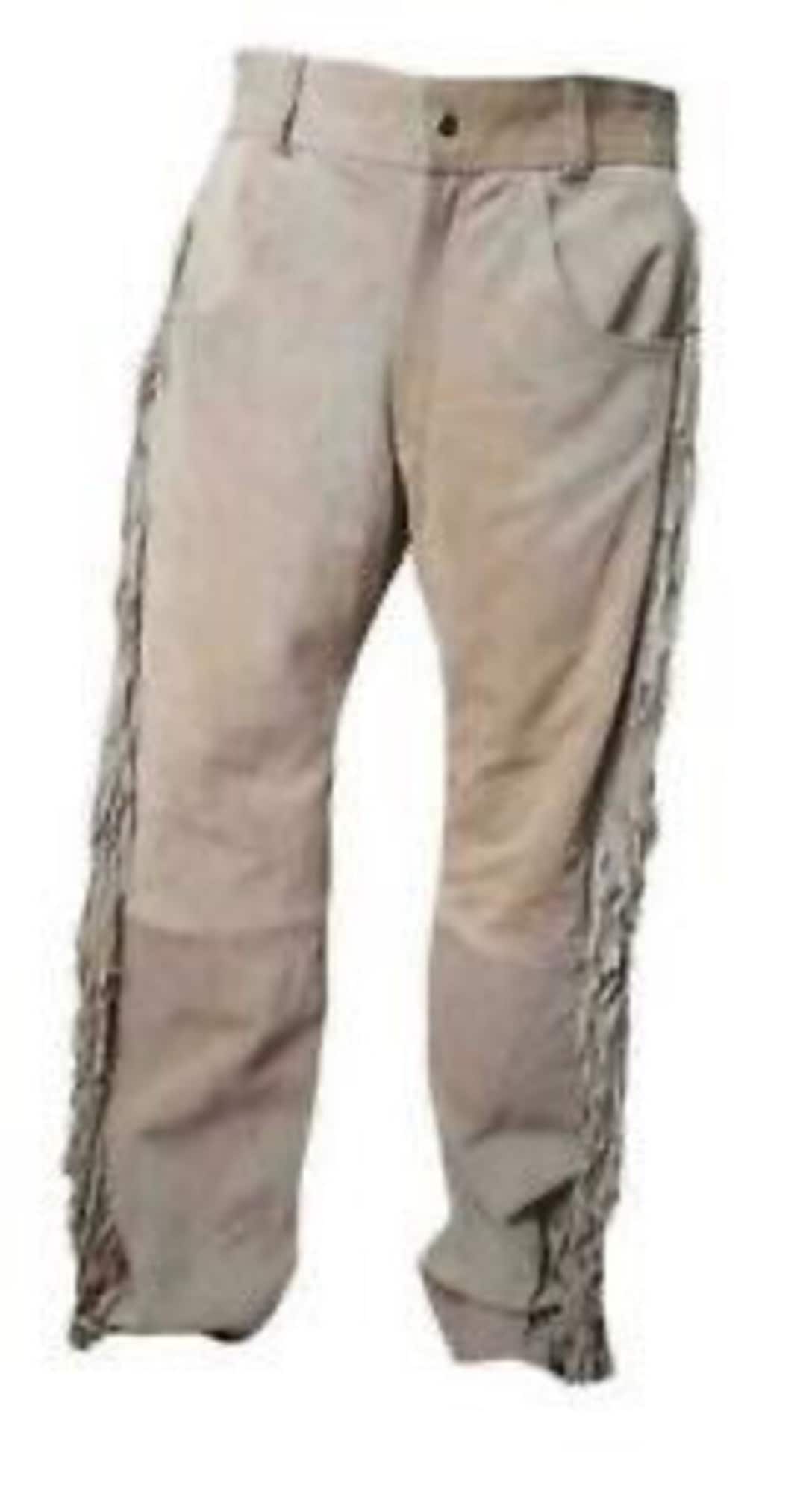 Mens Leather Buckskin Bead Suede Pant Trouser Jeans Beige Rugged Skin
