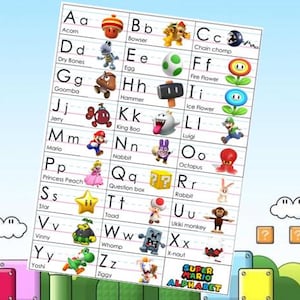 Super Mario ABC Chart Printable Page | Printable Preschool Nursery Wall Art Alphabet | classroom Letter ABCs | Pre K Poster