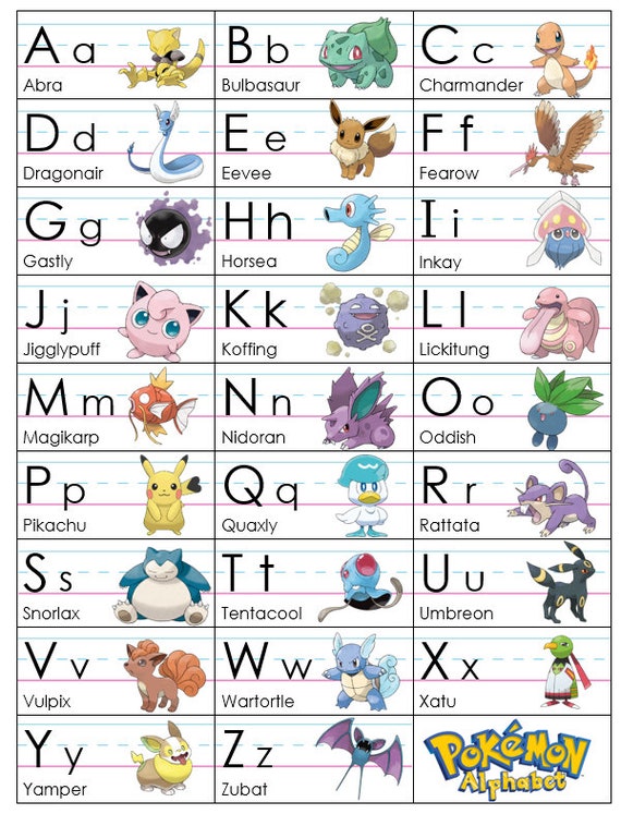 pokemon alphabet flash cards Visual Pokemon ABC Chart Printable Page