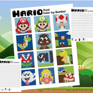 May include: Sheets of pixel art color-by-number pages featuring characters from the Mario video game series. The pages display Mario, Luigi, Toad, Yoshi, a Goomba, a Bullet Bill, a Piranha Plant, a Koopa Troopa, a Boo, Princess Peach, and a pair of Goombas.