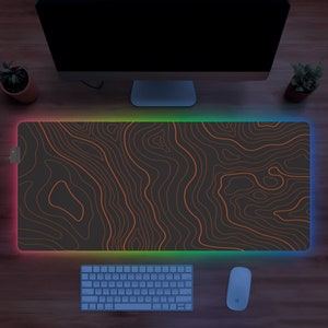 Topographic Map Orange Desk Mat LED, Non-Slip Mouse Mat with Customizable Lighting Effects, Smooth Micro-Fiber Surface and Hand Washable