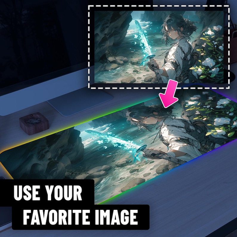 May include: A colorful, abstract design mousepad with a blue, green, and purple gradient. The design features a stylized sword and a figure in a white outfit. The text "USE YOUR FAVORITE IMAGE" is at the bottom of the mousepad.