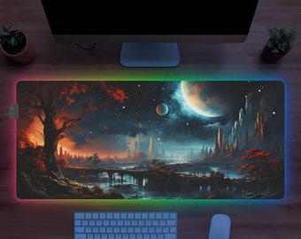 Oasis interstellaire : tapis de bureau unique, tapis de souris gaming avec éclairage LED, accessoires de bureau, base antidérapante pour tapis de jeu