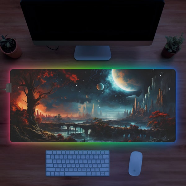 Oasis interstellaire : tapis de bureau unique, tapis de souris gaming avec éclairage LED, accessoires de bureau, base antidérapante pour tapis de jeu