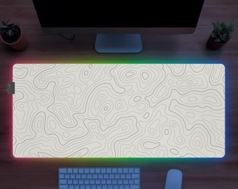 Topographic Map White Desk Mat LED, Non-Slip Mouse Mat with Customizable Lighting Effects, Smooth Micro-Fiber Surface and Hand Washable