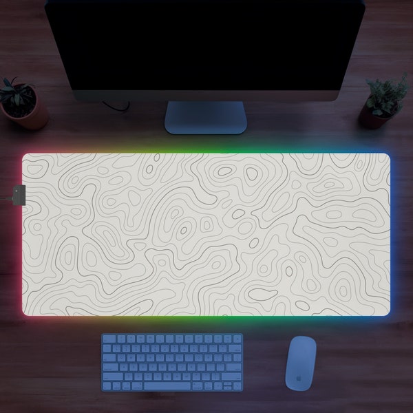 Topographic Map White Desk Mat LED, Non-Slip Mouse Mat with Customizable Lighting Effects, Smooth Micro-Fiber Surface and Hand Washable