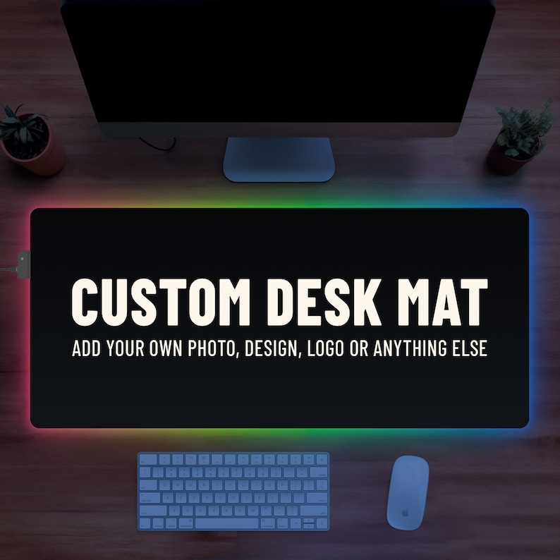 The spotlight shines on an illuminated desk mat. This custom desk offers the creative freedom to personalize it with your favorite photo, unique design, logo, or any other elements you desire, making it truly one-of-a-kind.