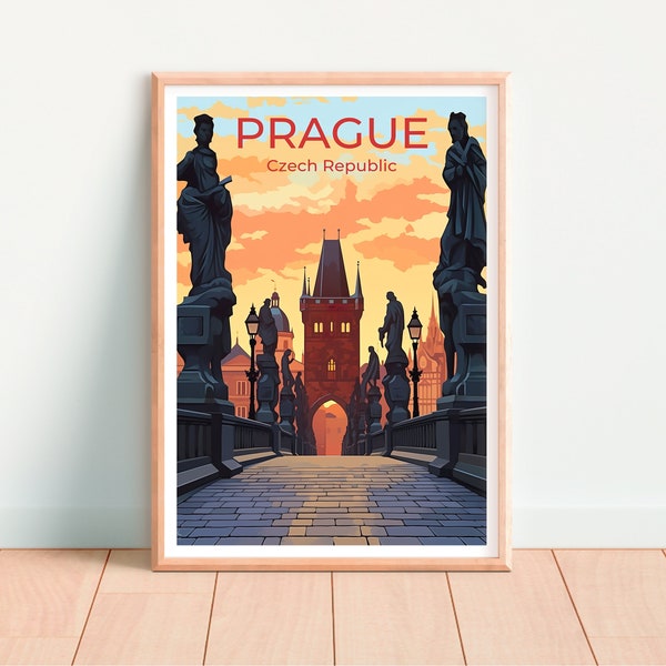 Affiche de voyage de Prague, Art de la République tchèque, impression du pont Charles, affiche de Prague, art du pont Charles, affiche de l'Europe, affiche d'art, décoration murale