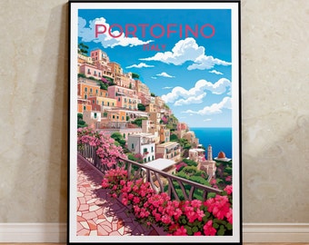 May include: A colorful illustration of the Italian town of Portofino, with a view of the Mediterranean Sea. The town is built on a hillside and features colorful buildings, a winding road, and lush greenery. The image is framed in a black frame.