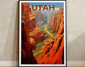 May include: A vintage travel poster featuring a scenic view of a canyon in Utah. The poster has a blue sky, red rock cliffs, and a winding river in the canyon. The text "UTAH" is printed in red at the top of the poster.