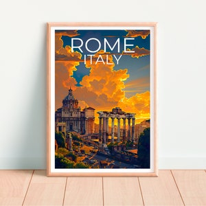 May include: A vintage travel poster featuring a colorful sunset over the Roman Forum in Rome, Italy. The poster text reads "ROME ITALY".