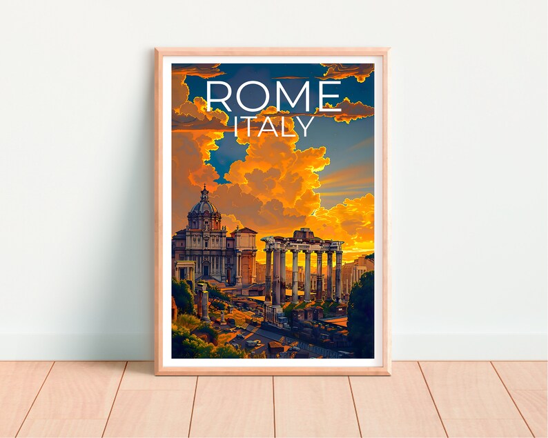 May include: A vintage travel poster featuring a colorful sunset over the Roman Forum in Rome, Italy. The poster text reads "ROME ITALY".