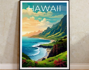 Hawaii Travel Poster, Island Wall Art, Island Print, Hawaii Poster, Island Poster, Mountain Poster, Hawaii Art