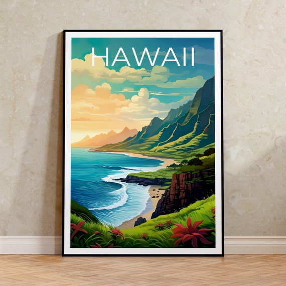 Hawaii Travel Poster, Island Wall Art, Island Print, Hawaii Poster, Island Poster, Mountain Poster, Hawaii Art