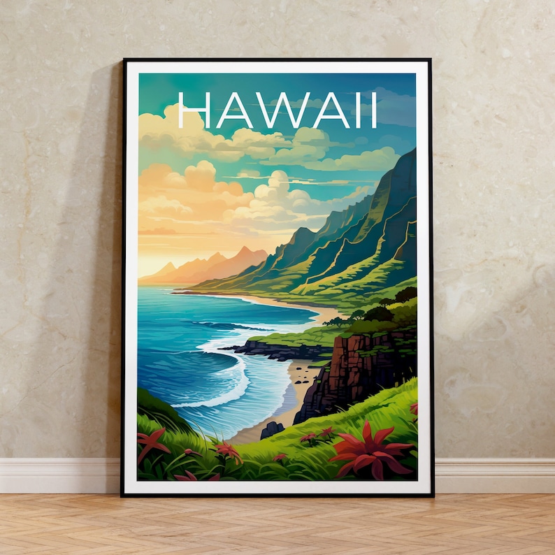 Hawaii Travel Poster, Island Wall Art, Island Print, Hawaii Poster, Island Poster, Mountain Poster, Hawaii Art image 1