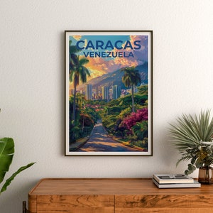 May include: A vintage travel poster with a colorful illustration of a city street lined with palm trees and lush greenery. The poster features the text "CARACAS VENEZUELA" in a bold, blue font.